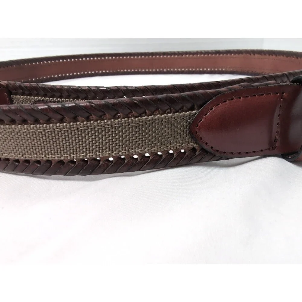 CUSTOM LEATHER BELT LEATHER And WOVEN CANVAS MENS SIZE 42 BROWN/TAN/BRASS